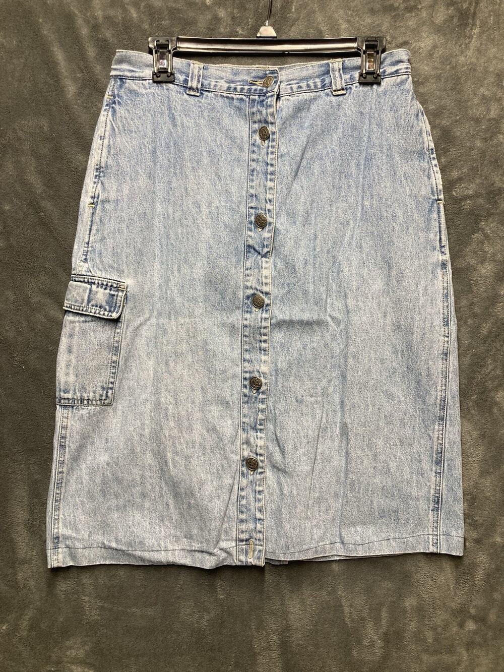 VTG 80s 90s Cherokee Acid Wash Button Front Cargo Denim Midi Skirt Sz 12 Modest